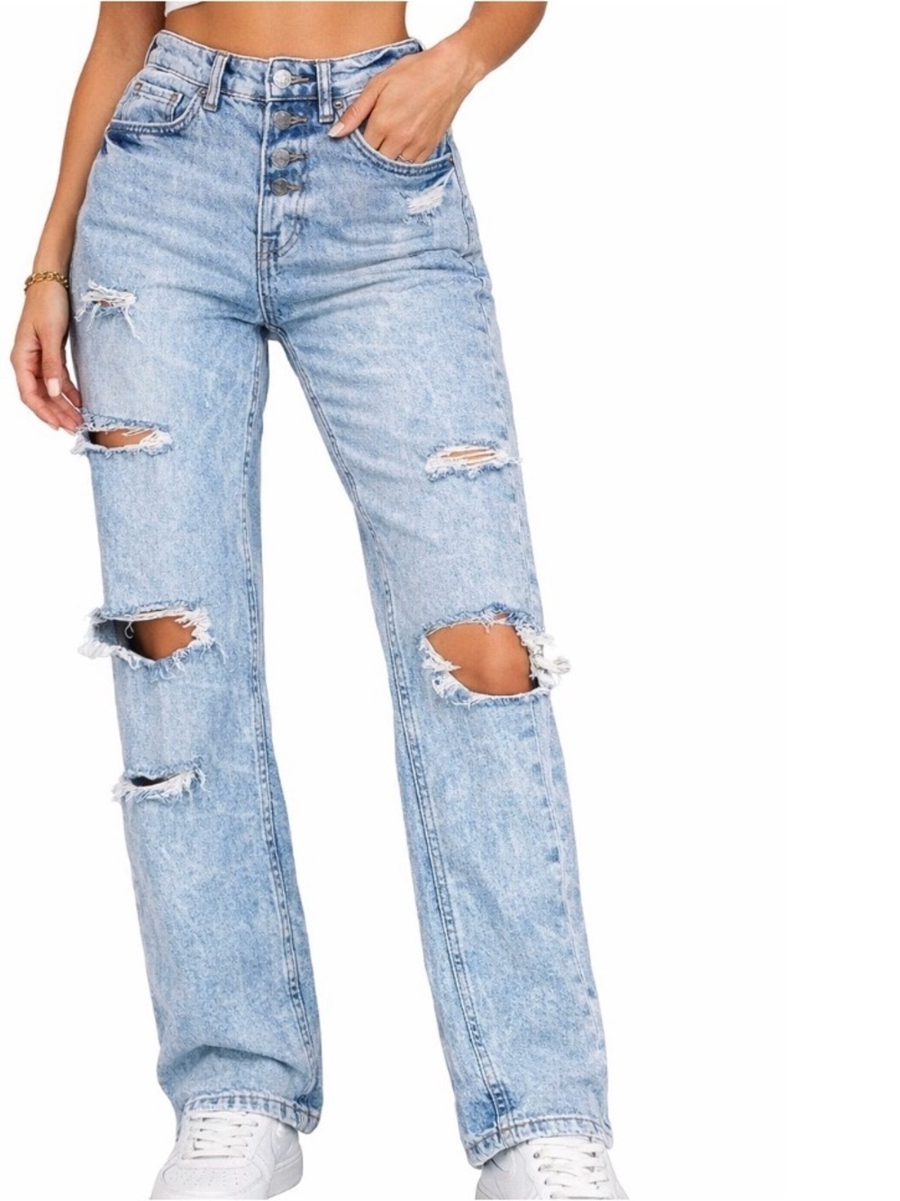 Arizona High Rise Vintage straight jeans button closure distressed acid wash